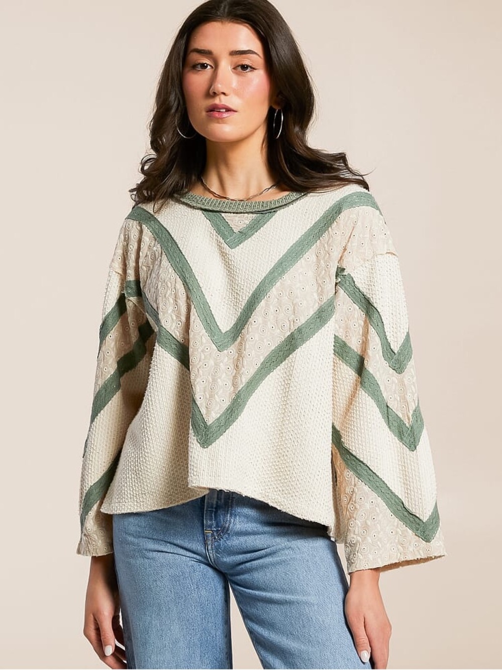 POL Pieced Eyelet Linen Blend Over Sized Top Sage and cream